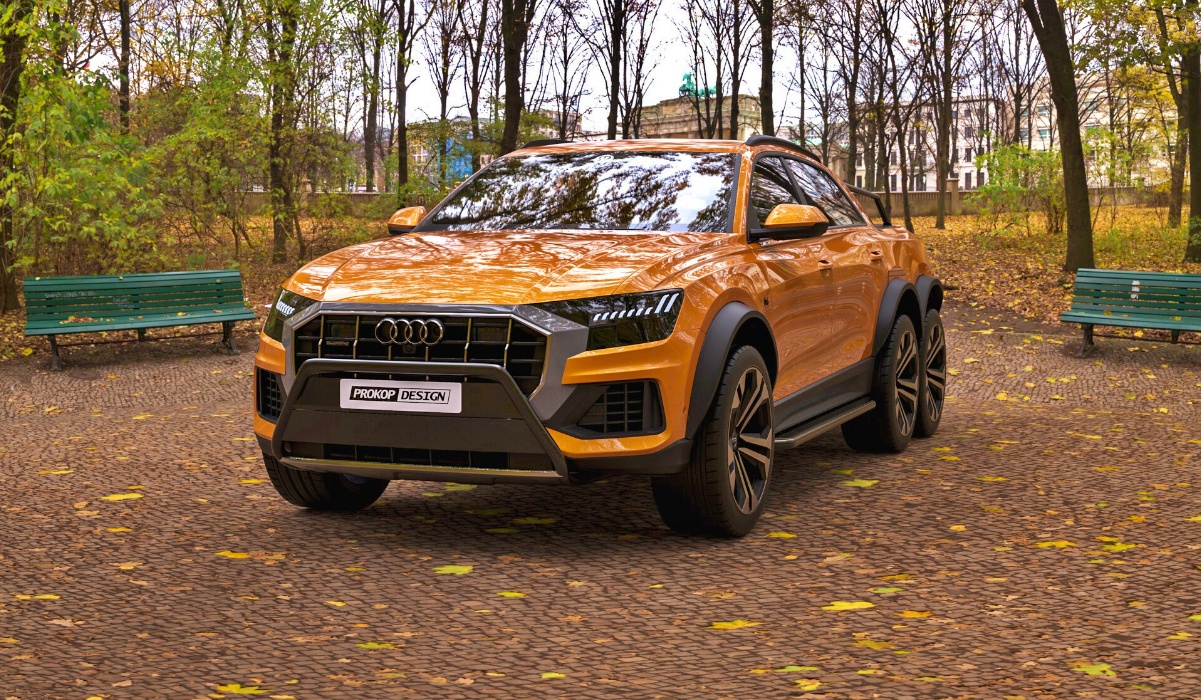 lamtac close up of super off road pickup truck audi q x with an engine block of more than horsepower worthy of rival of mercedes amg g x 651af332c7bc5 Close-up Of Super Off-road Pickup Truck Audi Q8 6x6 With An Engine Block Of More Than 533.5 Horsepower, Worthy Of Rival Of Mercedes-amg G63 6x6