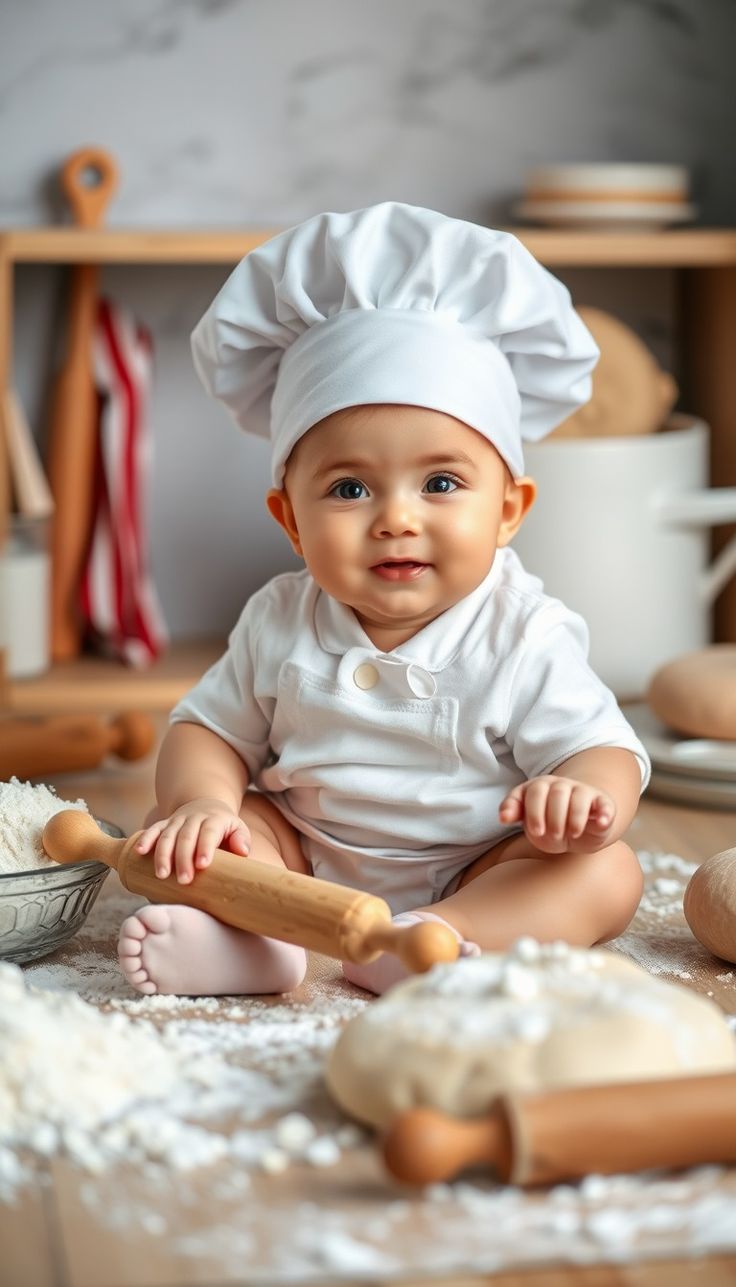 Transform your baby into a tiny master chef with these irresistible photo ideas! 👶🍳 Dress them up in a mini chef's hat and surround them with baking essentials for the cutest kitchen photoshoot. Perfect for milestone photos, first birthday invitations, or just because! #BabyChef #BabyPhotography #CutenessOverload